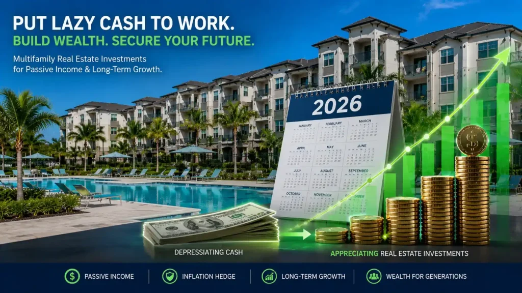 Modern multifamily apartment complex representing why investors invest in real estate to avoid lazy cash in 2026