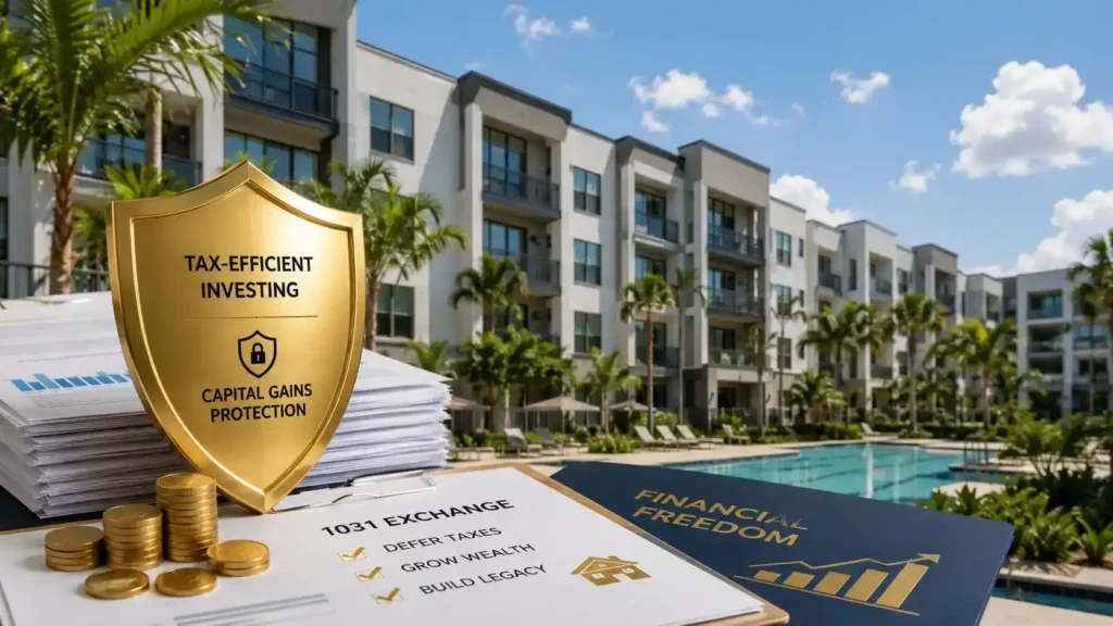 Modern multifamily apartment complex representing advanced real estate tax strategies and capital gains tax deferral