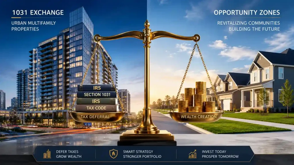 Golden scale balancing a 1031 exchange and opportunity zones representing advanced real estate tax strategies