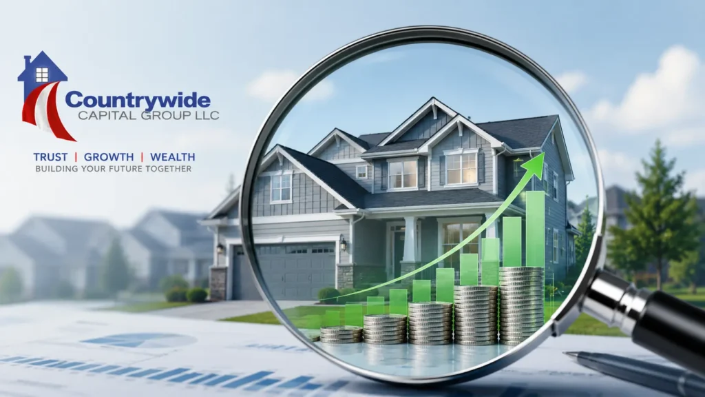 Real estate ROI analysis showing a house with a rising financial growth chart