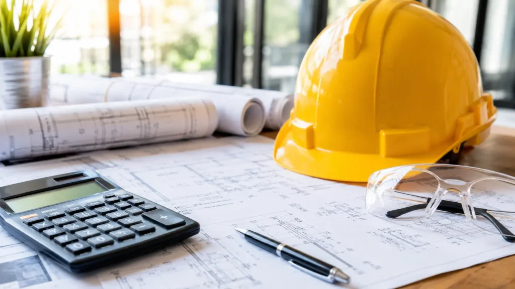 Desk with blueprints and a hard hat representing essential construction glossary and development terms