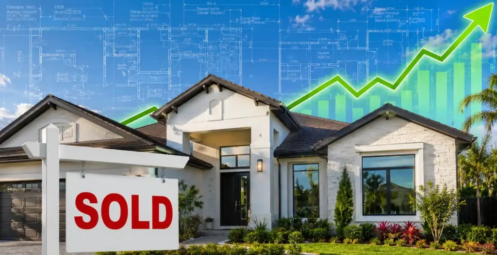 Modern house with a rising financial graph representing real estate appreciation and property value trends