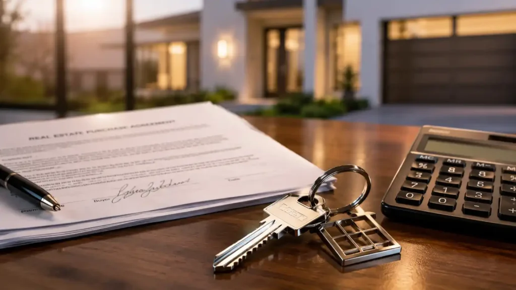 A modern house key on a desk representing turnkey investment properties and passive real estate investing