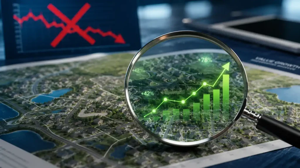Magnifying glass over a neighborhood map debunking housing market myths and real estate predictions