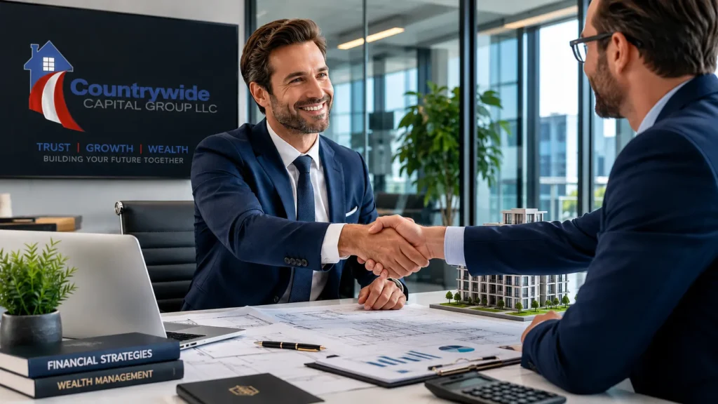 Business professionals finalizing real estate financing options and investment loans