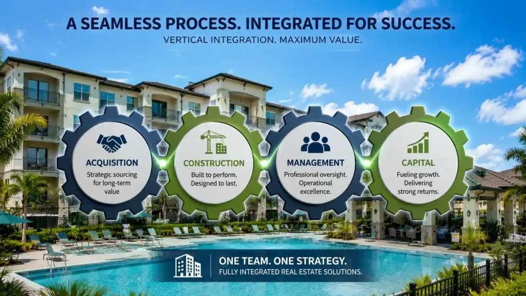Connected gears over an apartment complex representing a vertically integrated real estate investment company