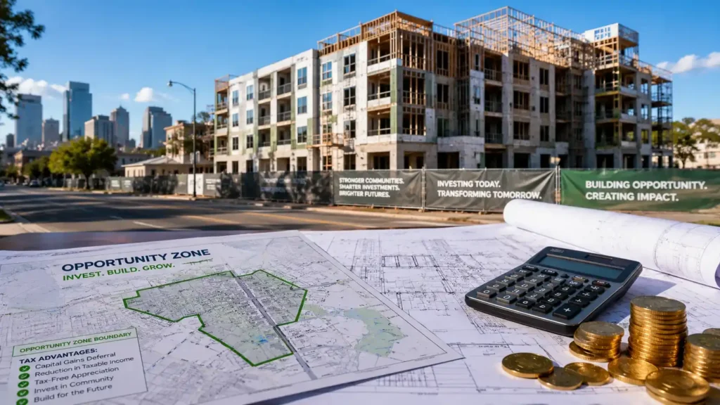 Construction site and blueprints representing opportunity zone benefits and qualified opportunity funds