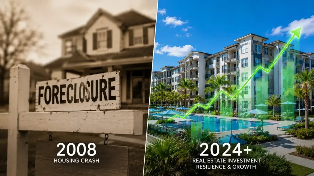 Comparison of the 2008 housing market crash to today's resilient multifamily market and recession-resistant real estate